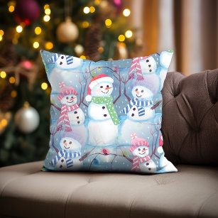Cute Funny Winter Season Snowmen Watercolor Art Throw Pillow