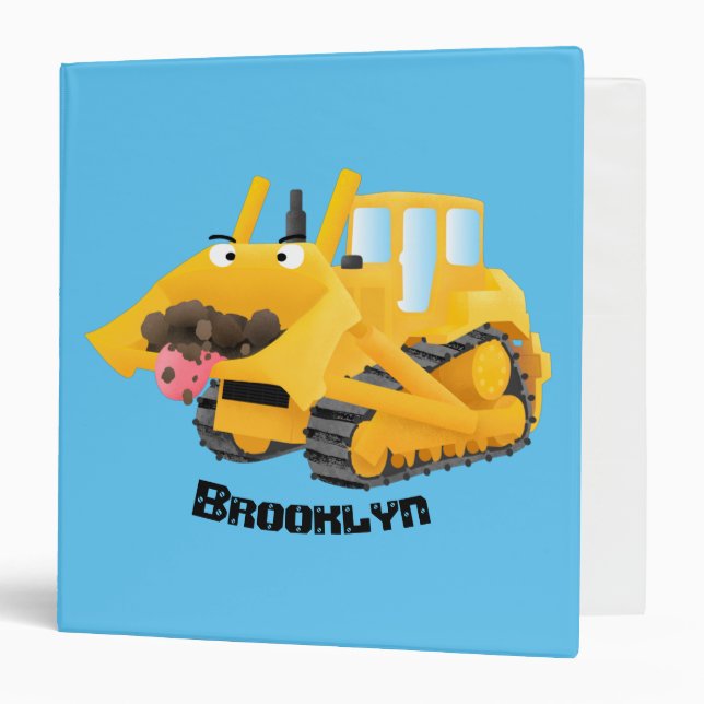 Cute funny yellow bulldozer cartoon character 3 ring binder (Front/Inside)