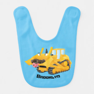 Cute funny yellow bulldozer cartoon character baby bib