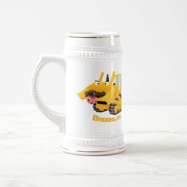 Cute funny yellow bulldozer cartoon character  beer stein (Left)