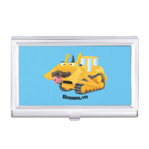 Cute funny yellow bulldozer cartoon character business card case