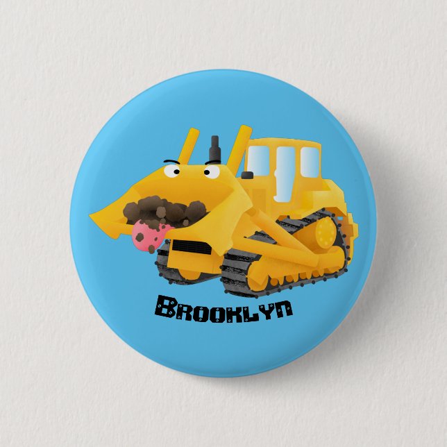 Cute funny yellow bulldozer cartoon character button (Front)