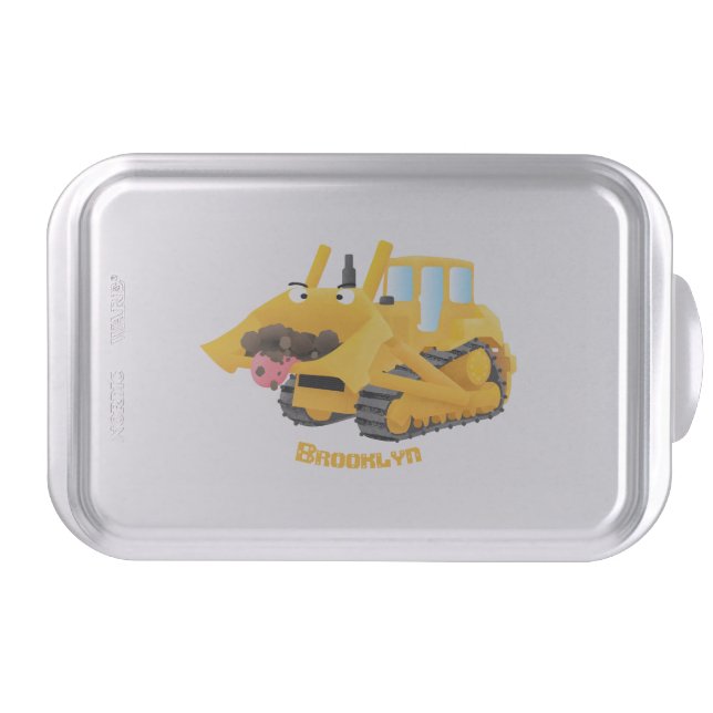 Cute funny yellow bulldozer cartoon character  cake pan (Front)