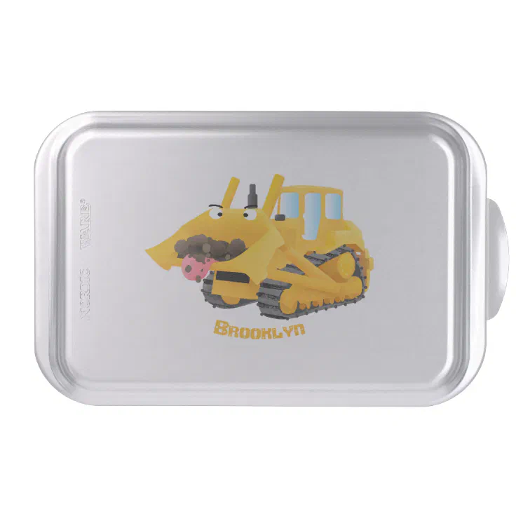 Cute funny yellow bulldozer cartoon character cake pan | Zazzle
