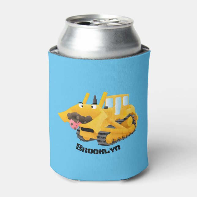 Cute funny yellow bulldozer cartoon character  can cooler (Can Front)