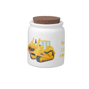 Cute funny yellow bulldozer cartoon character candy jar