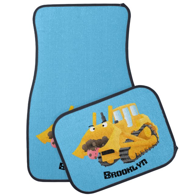 Cute funny yellow bulldozer cartoon character car floor mat (Set)