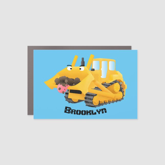 Cute funny yellow bulldozer cartoon character  car magnet (Front)