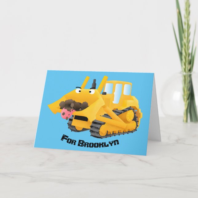 Cute funny yellow bulldozer cartoon character card (Front)