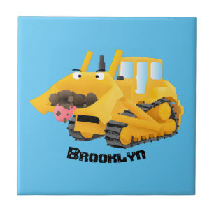 Cute funny yellow bulldozer cartoon character ceramic tile
