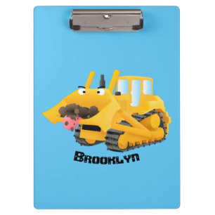 Cute funny yellow bulldozer cartoon character clipboard