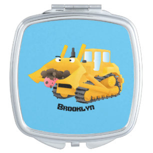 Cute funny yellow bulldozer cartoon character compact mirror
