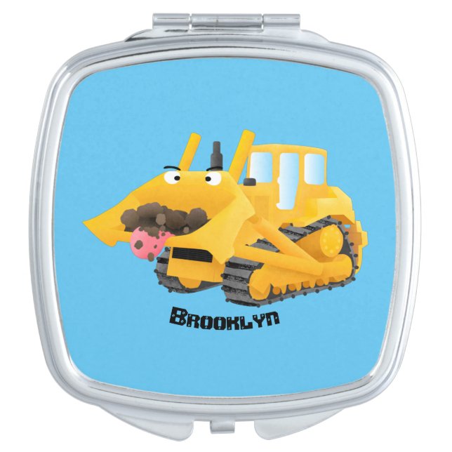 Cute funny yellow bulldozer cartoon character compact mirror (Front)