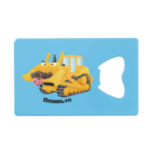 Cute funny yellow bulldozer cartoon character credit card bottle opener