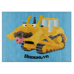 Cute funny yellow bulldozer cartoon character cutting board