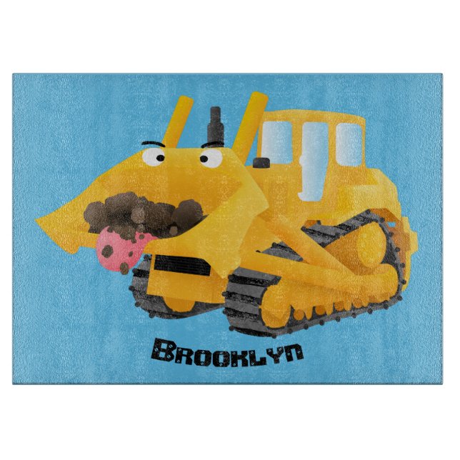 Cute funny yellow bulldozer cartoon character cutting board (Front)