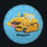 Cute funny yellow bulldozer cartoon character dart board<br><div class="desc">This funny yellow bulldozer eats dirt! Drawn in happy cartoon illustration style with tongue and eyes to create a cute character for the budding construction worker!</div>