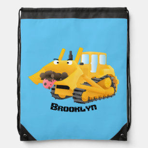 Cute funny yellow bulldozer cartoon character  drawstring bag