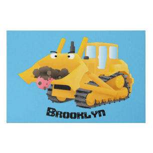 Cute funny yellow bulldozer cartoon character faux canvas print