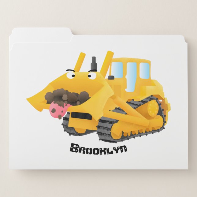 Cute funny yellow bulldozer cartoon character file folder (Front Left)