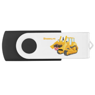 Cute funny yellow bulldozer cartoon character flash drive