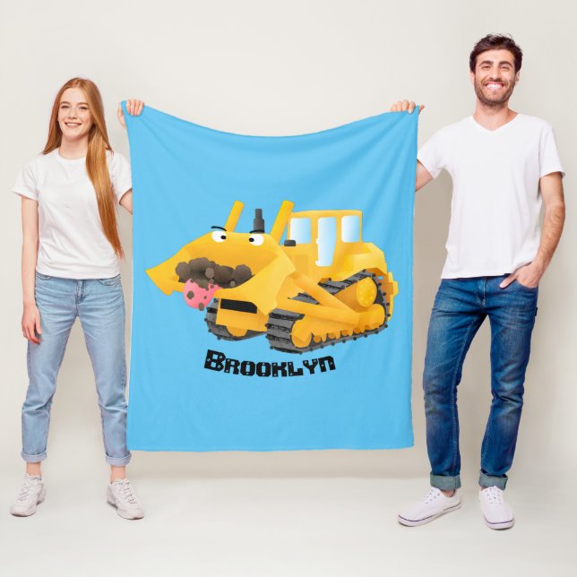 Cute funny yellow bulldozer cartoon character  fleece blanket (In Situ)