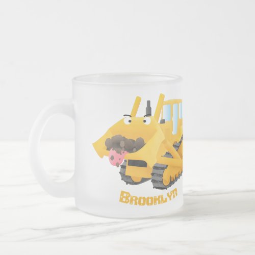 Cute funny yellow bulldozer cartoon character frosted glass coffee mug