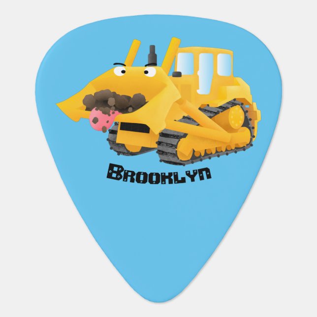 Cute funny yellow bulldozer cartoon character  guitar pick (Front)