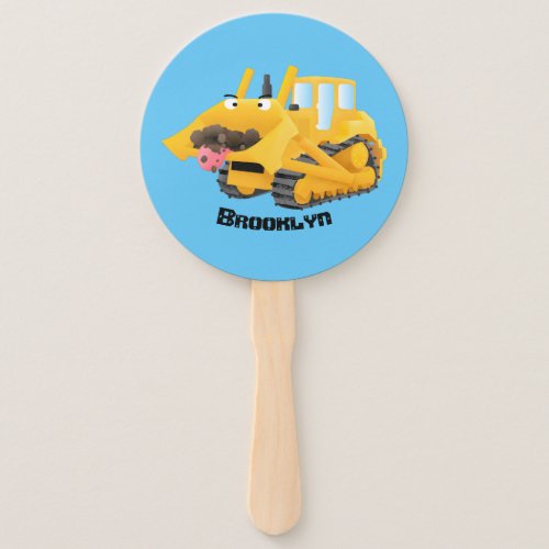 Cute funny yellow bulldozer cartoon character hand fan