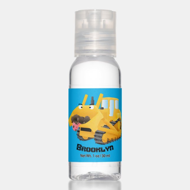 Cute funny yellow bulldozer cartoon character hand sanitizer (Front)