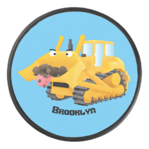 Cute funny yellow bulldozer cartoon character hockey puck