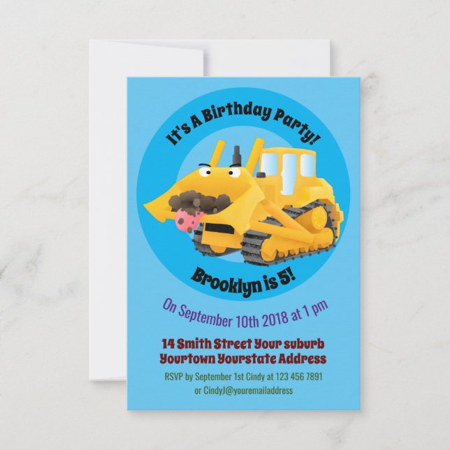 Cute funny yellow bulldozer cartoon character invitation (Front)