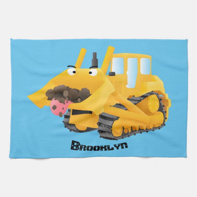 Cute funny yellow bulldozer cartoon character kitchen towel (Horizontal)