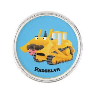 Cute funny yellow bulldozer cartoon character lapel pin