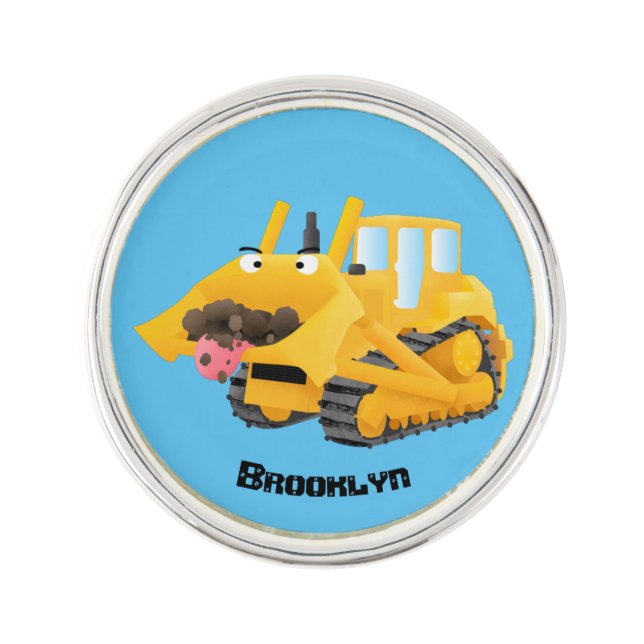 Cute funny yellow bulldozer cartoon character lapel pin (Front)