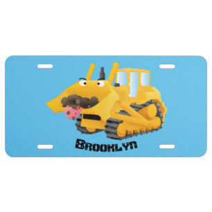 Cute funny yellow bulldozer cartoon character license plate