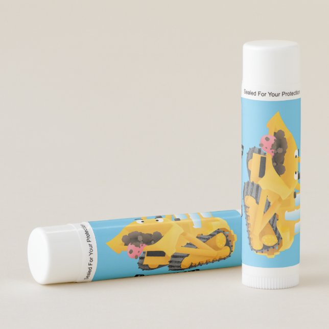 Cute funny yellow bulldozer cartoon character lip balm (Front)