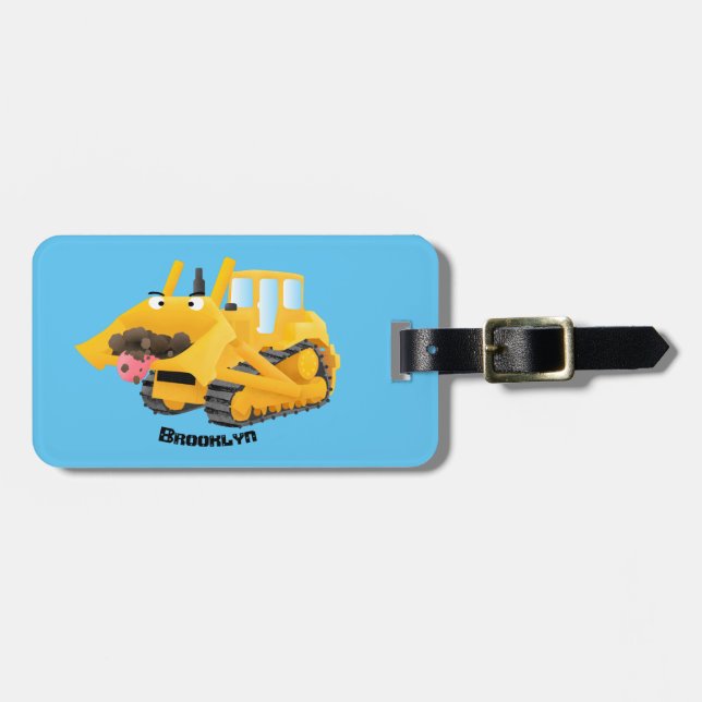 Cute funny yellow bulldozer cartoon character luggage tag (Front Horizontal)