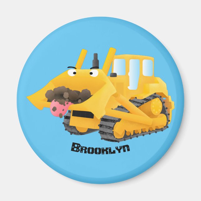 Cute funny yellow bulldozer cartoon character magnet (Front)