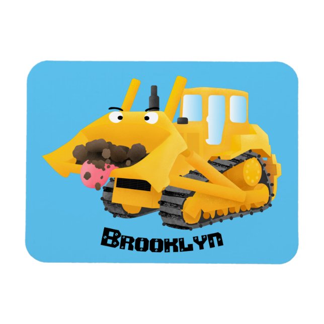 Cute funny yellow bulldozer cartoon character magnet (Horizontal)