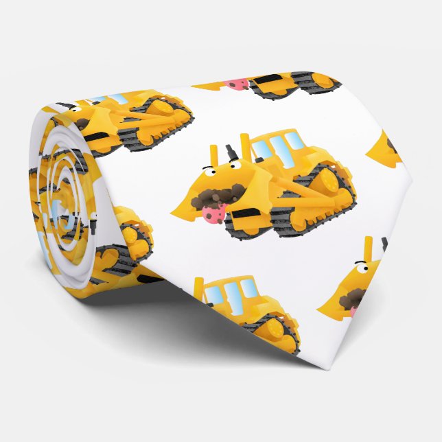 Cute funny yellow bulldozer cartoon character neck tie (Rolled)