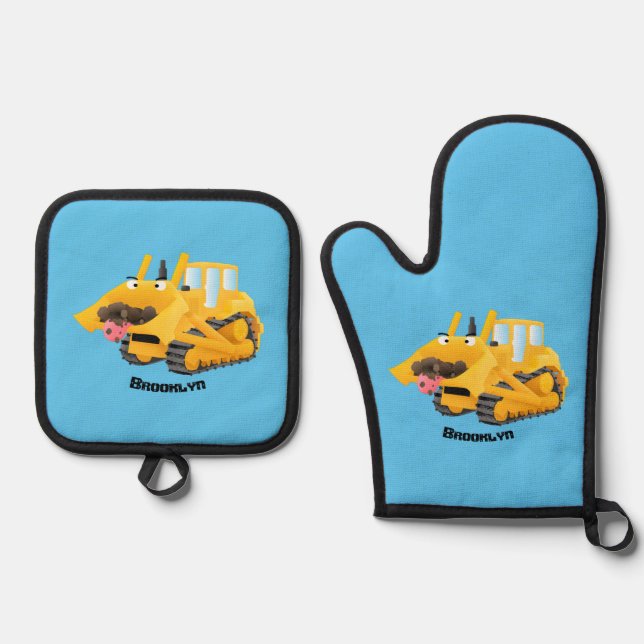 Cute funny yellow bulldozer cartoon character oven mitt & pot holder set (Front)