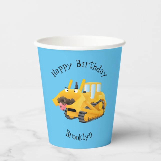 Cute funny yellow bulldozer cartoon character  paper cups (Front)