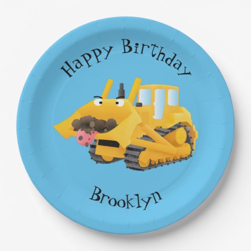 Cute funny yellow bulldozer cartoon character paper plates