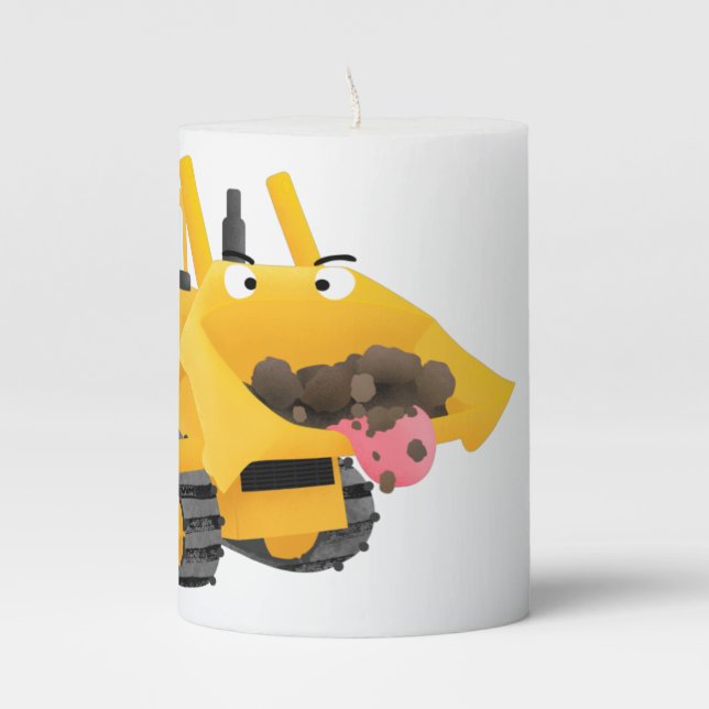 Cute funny yellow bulldozer cartoon character  pillar candle (Front)