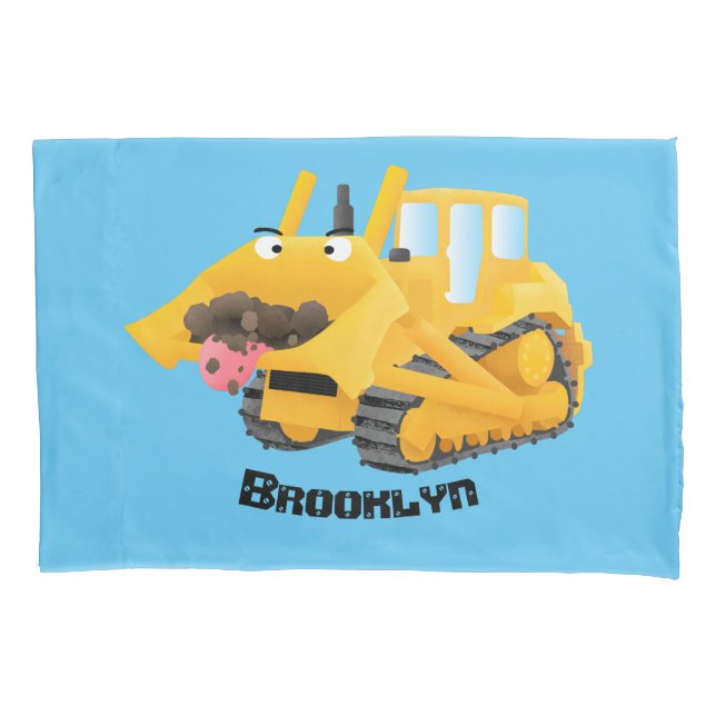 Cute funny yellow bulldozer cartoon character pillow case (Front)