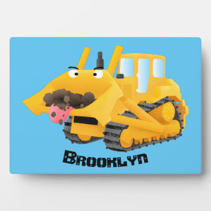 Cute funny yellow bulldozer cartoon character plaque