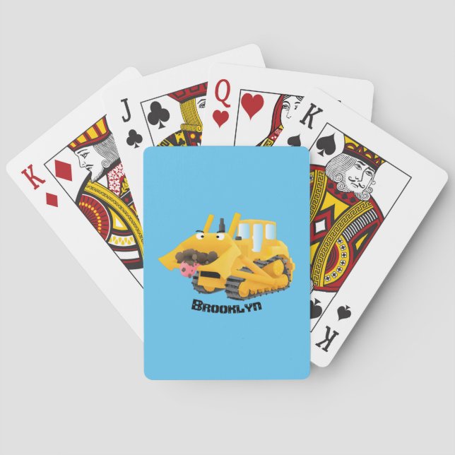 Cute funny yellow bulldozer cartoon character poker cards (Back)