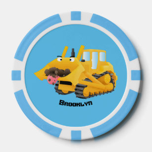 Cute funny yellow bulldozer cartoon character poker chips