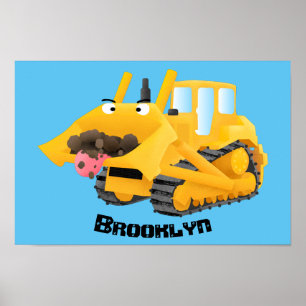 Cute funny yellow bulldozer cartoon character  poster